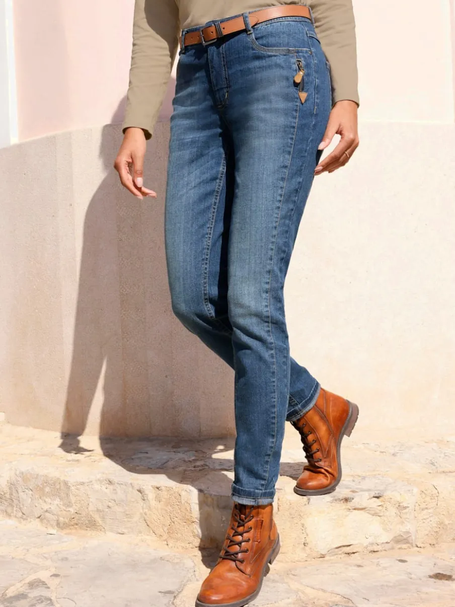 Jean effet délavé avec poches et ceinture gainante