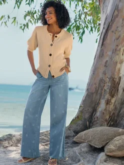 Jean à jambes larges avec imprimé floral et poches
