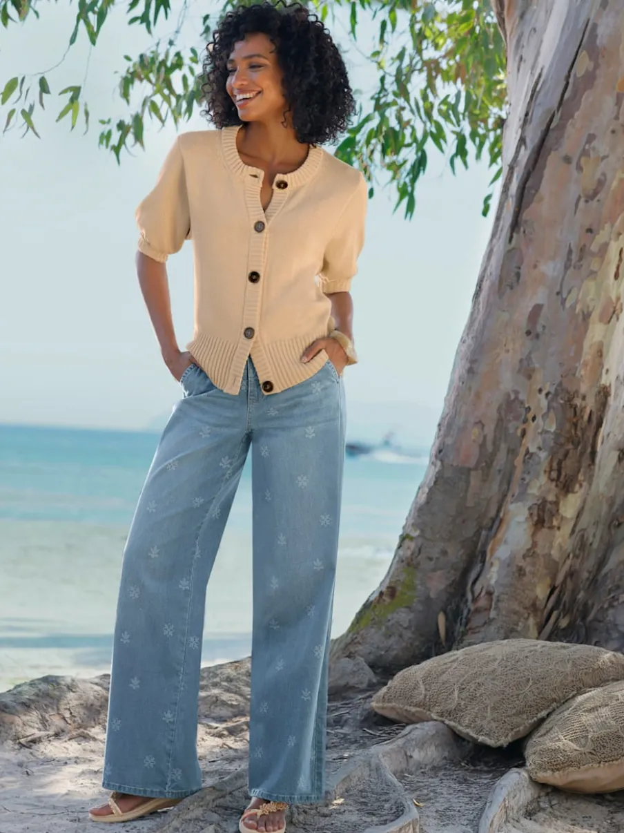 Jean à jambes larges avec imprimé floral et poches