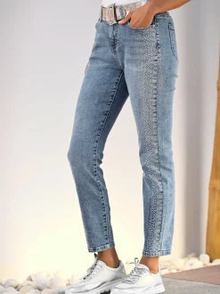 Jean 5 poches avec pierres brillantes et effet délavé