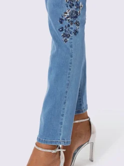 Jean 5 poches en coton avec broderie et pierres brillantes