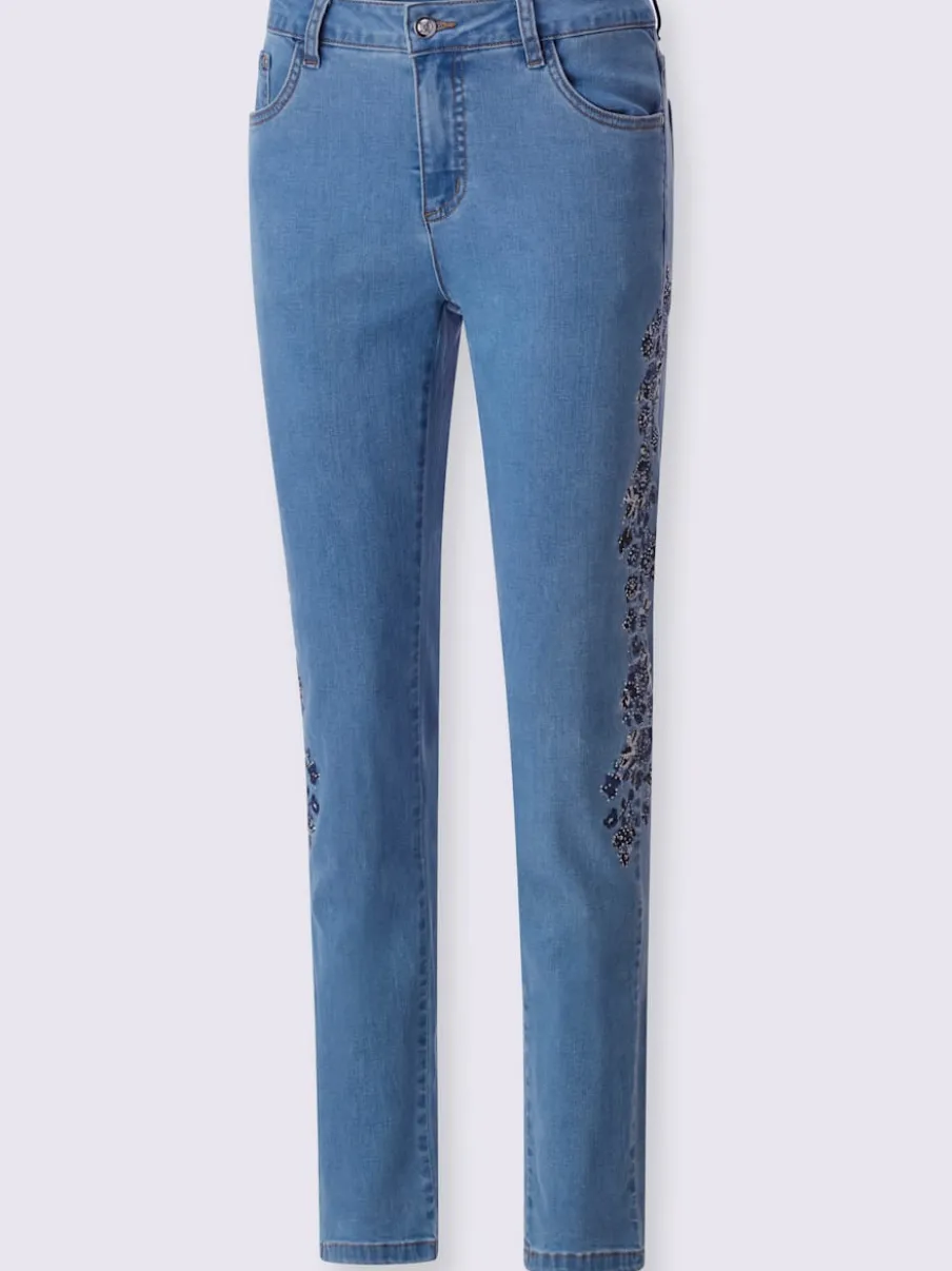 Jean 5 poches en coton avec broderie et pierres brillantes