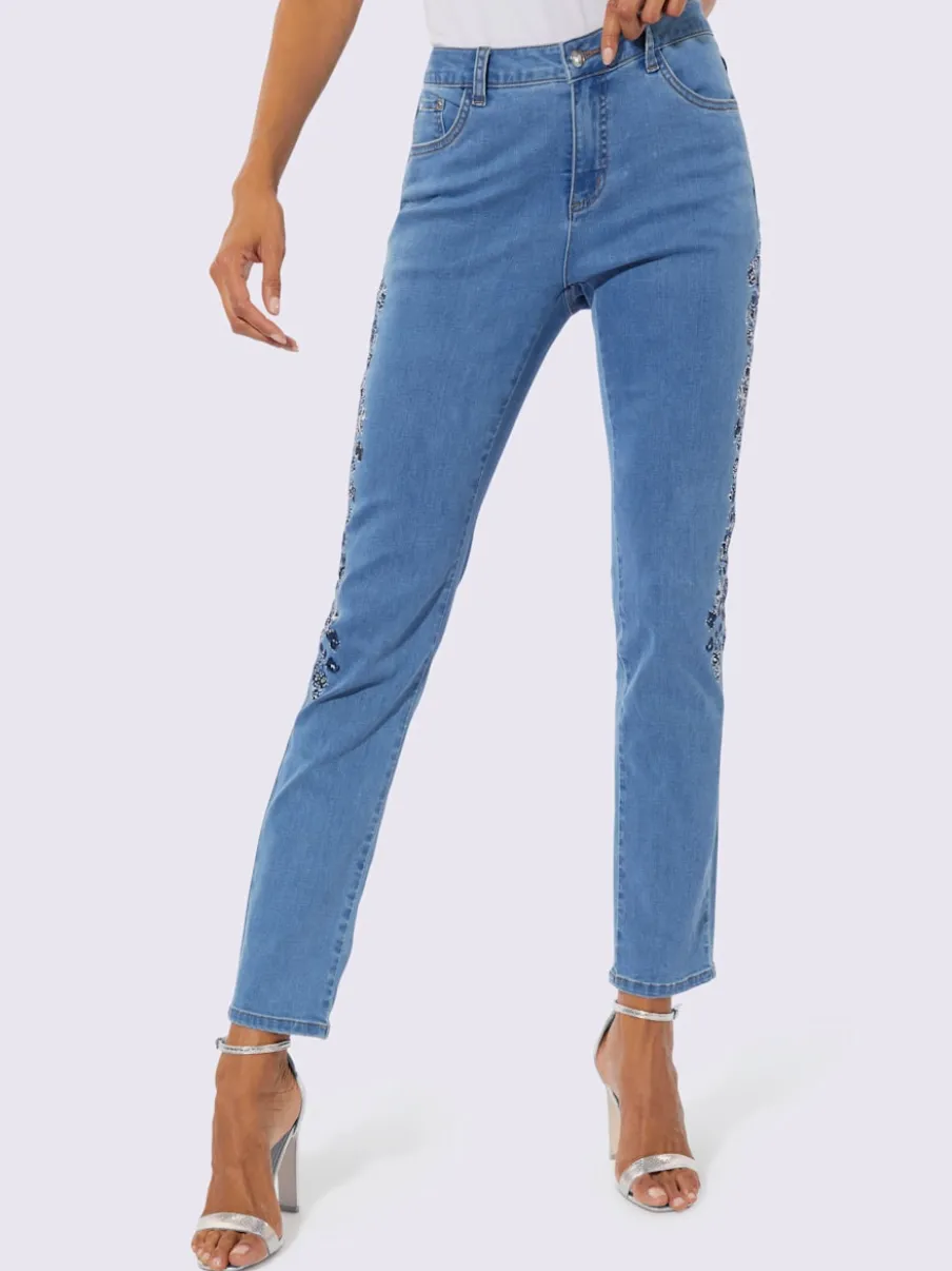 Jean 5 poches en coton avec broderie et pierres brillantes