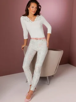 Jean 5 poches en twill ultra-doux à motif floral