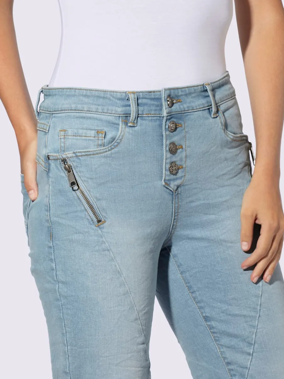 Jeans coton coupe cinq poches avec coutures décoratives