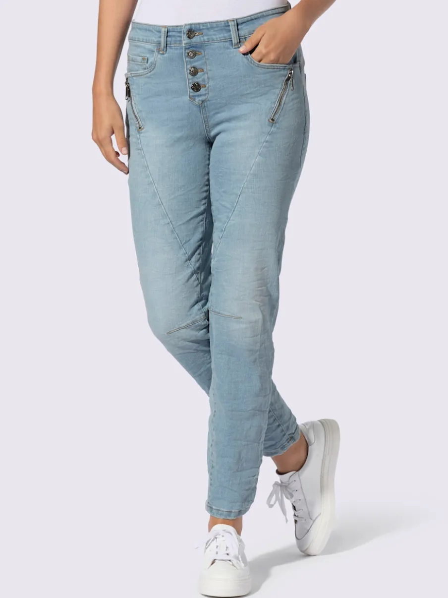 Jeans coton coupe cinq poches avec coutures décoratives