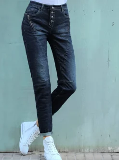 Jeans coton coupe cinq poches avec coutures décoratives