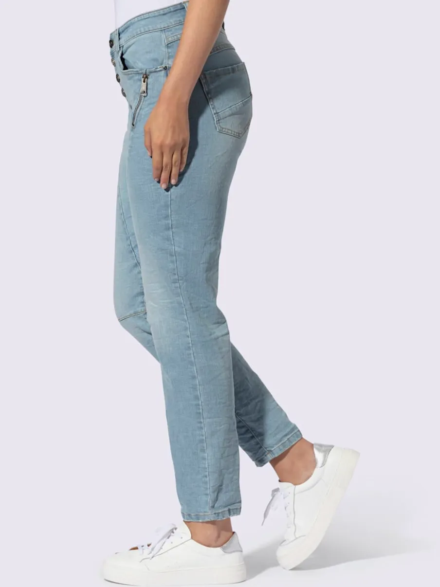 Jeans coton coupe cinq poches avec coutures décoratives