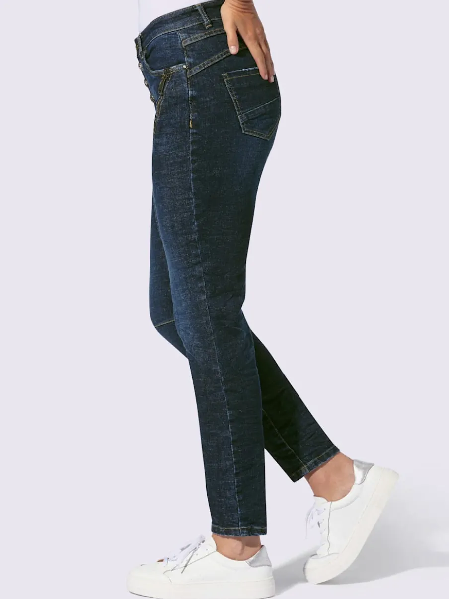 Jeans coton coupe cinq poches avec coutures décoratives