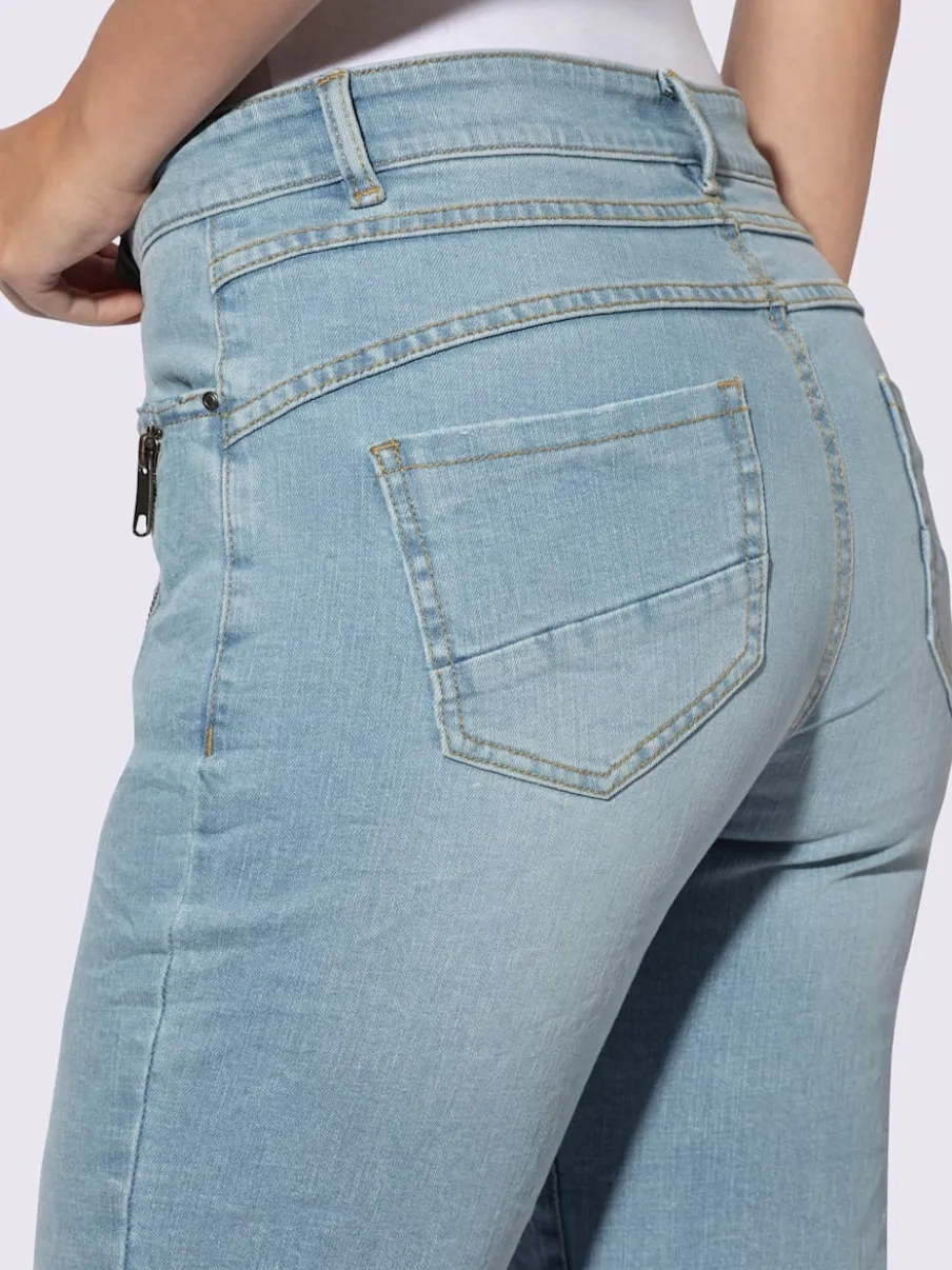 Jeans coton coupe cinq poches avec coutures décoratives