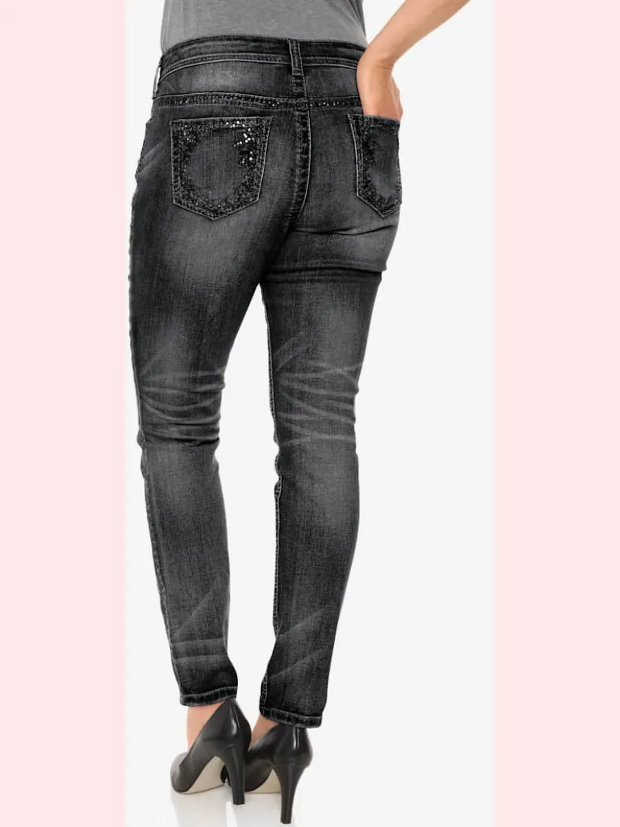 Jean skinny avec broderie et effet ventre plat