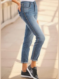 Jean slim fit avec rayures latérales et perles fantaisie