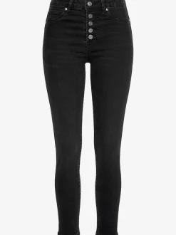 Jean taille haute cinq poches avec ceinture à boutons