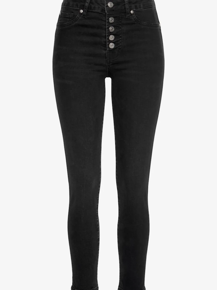 Jean taille haute cinq poches avec ceinture à boutons