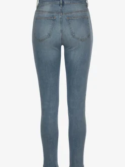 Jean taille haute cinq poches avec ceinture à boutons