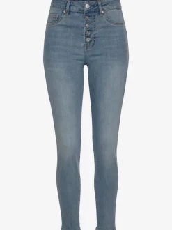 Jean taille haute cinq poches avec ceinture à boutons