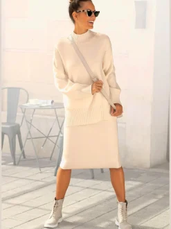 Jupe en tricot midi à bords-côtes avec ceinture élastique