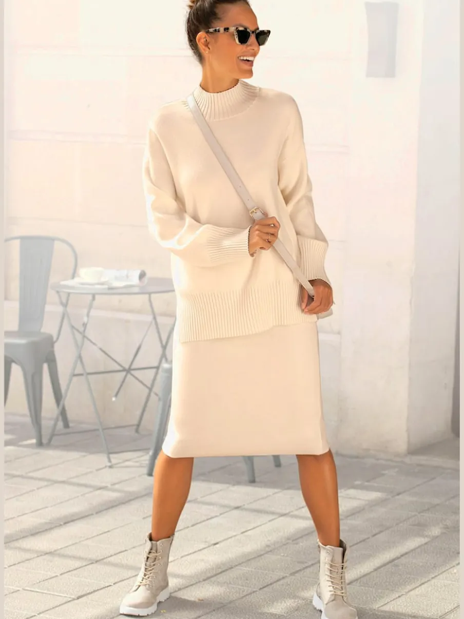 Jupe en tricot midi à bords-côtes avec ceinture élastique