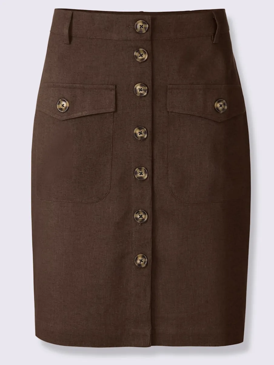 Jupe estivale en lin avec patte de boutonnage et poches.