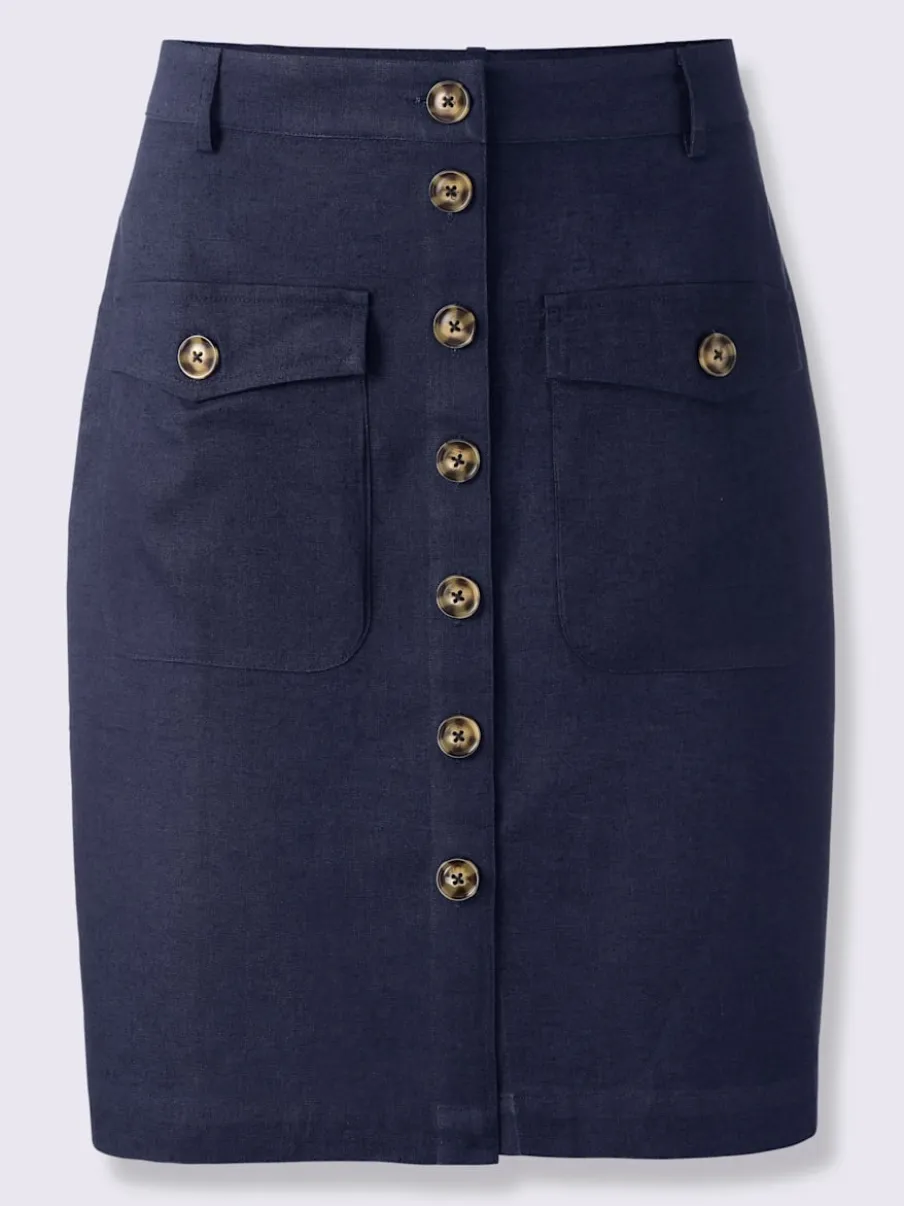 Jupe estivale en lin avec patte de boutonnage et poches.