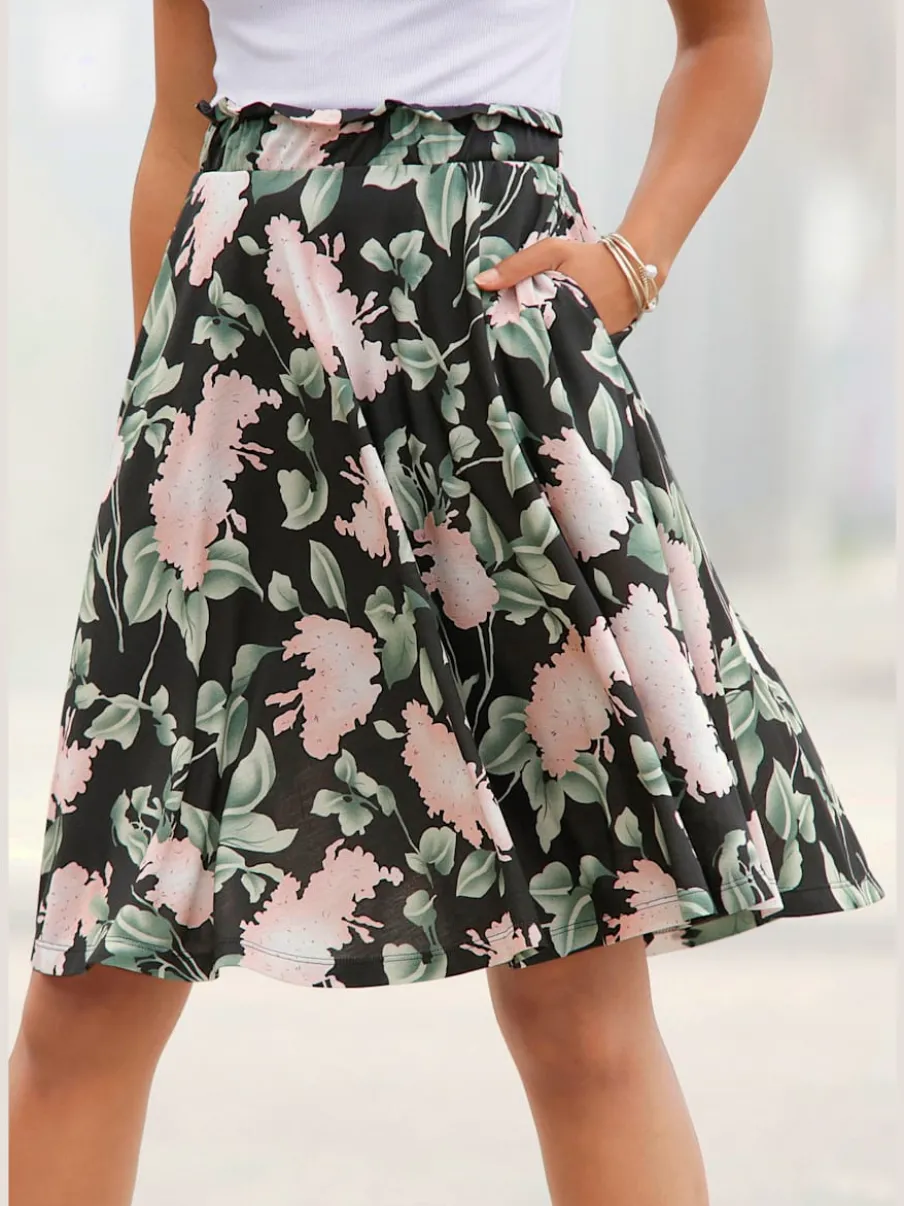 Jupe estivale à taille haute avec ceinture élastique fleurs