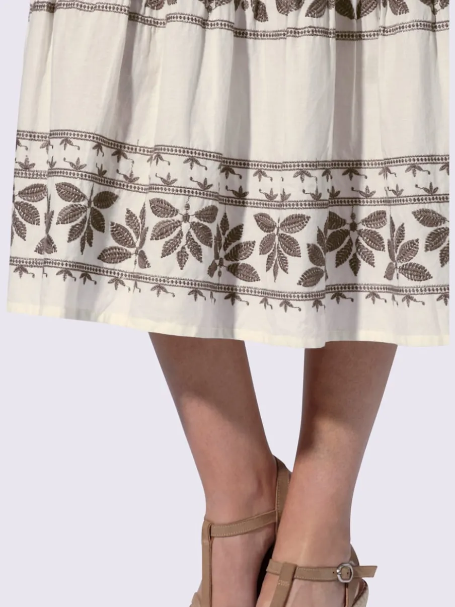 Jupe longue avec broderie florale et ceinture élastique