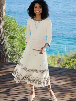 Jupe longue avec broderie florale et ceinture élastique