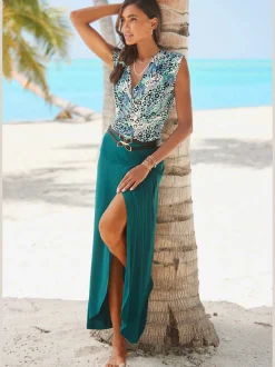 Jupe longue avec large ceinture doublée et fente avant