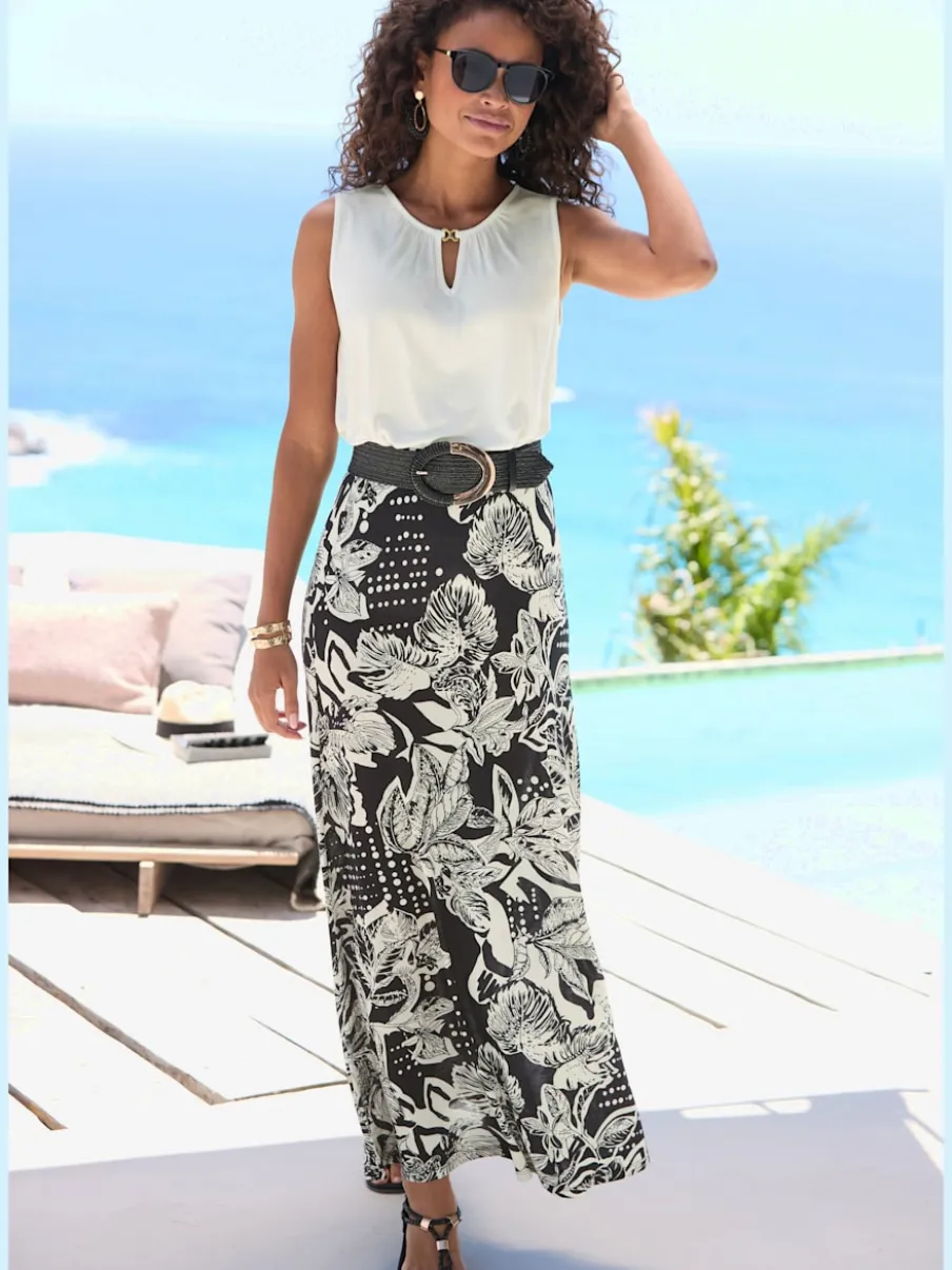 Jupe longue avec large ceinture élastique et impression florale