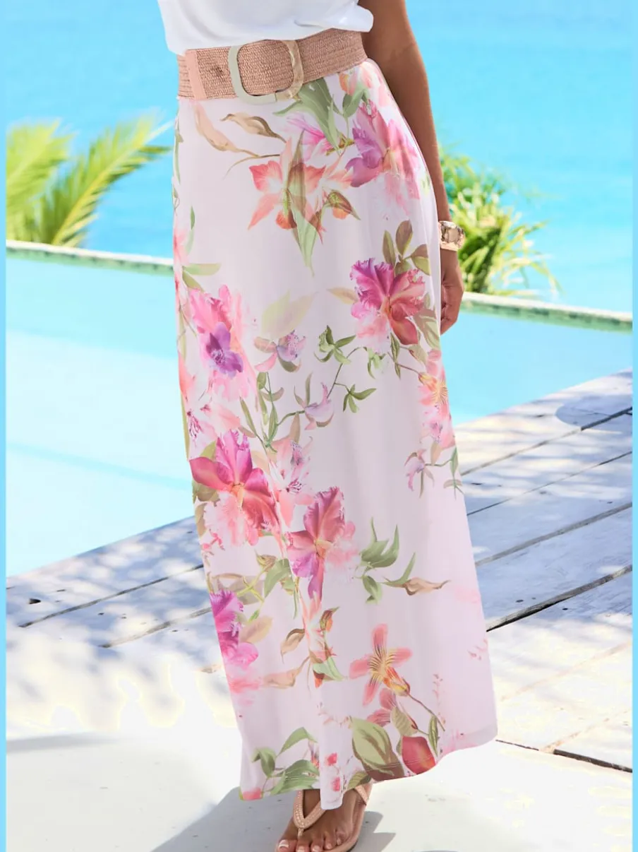 Jupe longue évasée avec imprimé floral et ceinture élastique