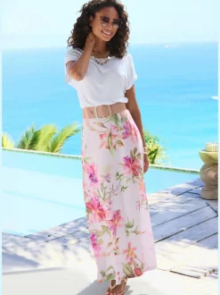 Jupe longue évasée avec imprimé floral et ceinture élastique