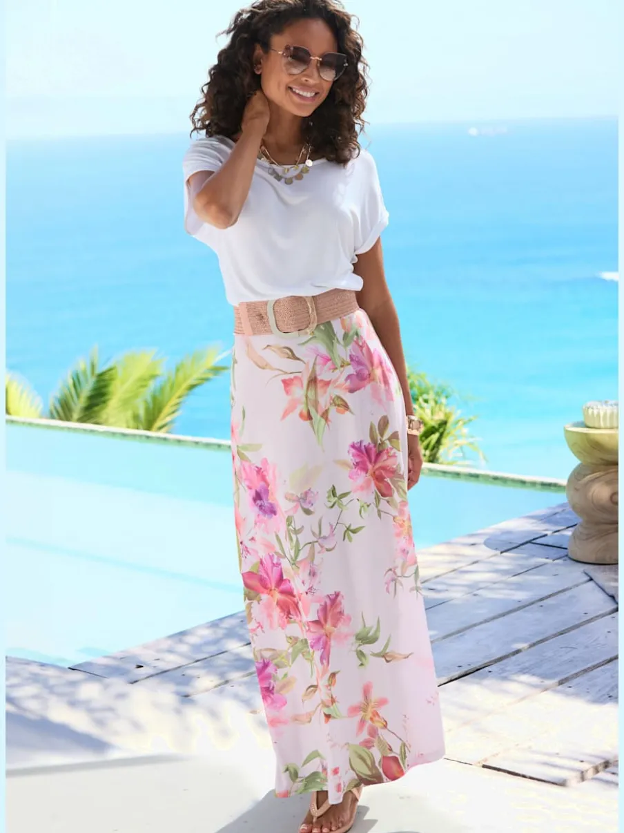 Jupe longue évasée avec imprimé floral et ceinture élastique