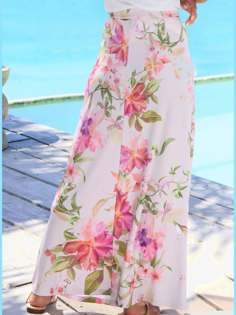Jupe longue évasée avec imprimé floral et ceinture élastique