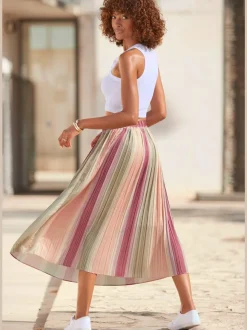 Jupe midi plissée avec motifs rayés et bords-côtes