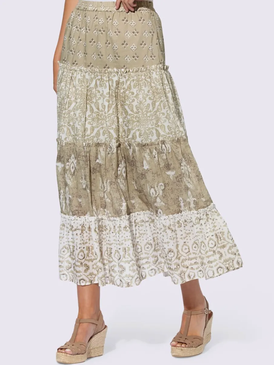 Jupe à niveaux en coton avec motif ethnique et volants