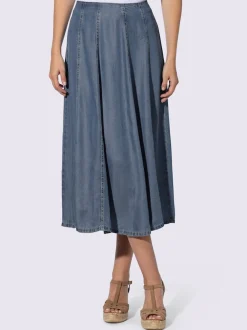 Jupe à panneaux évasée imitation jean avec ceinture glissière au dos
