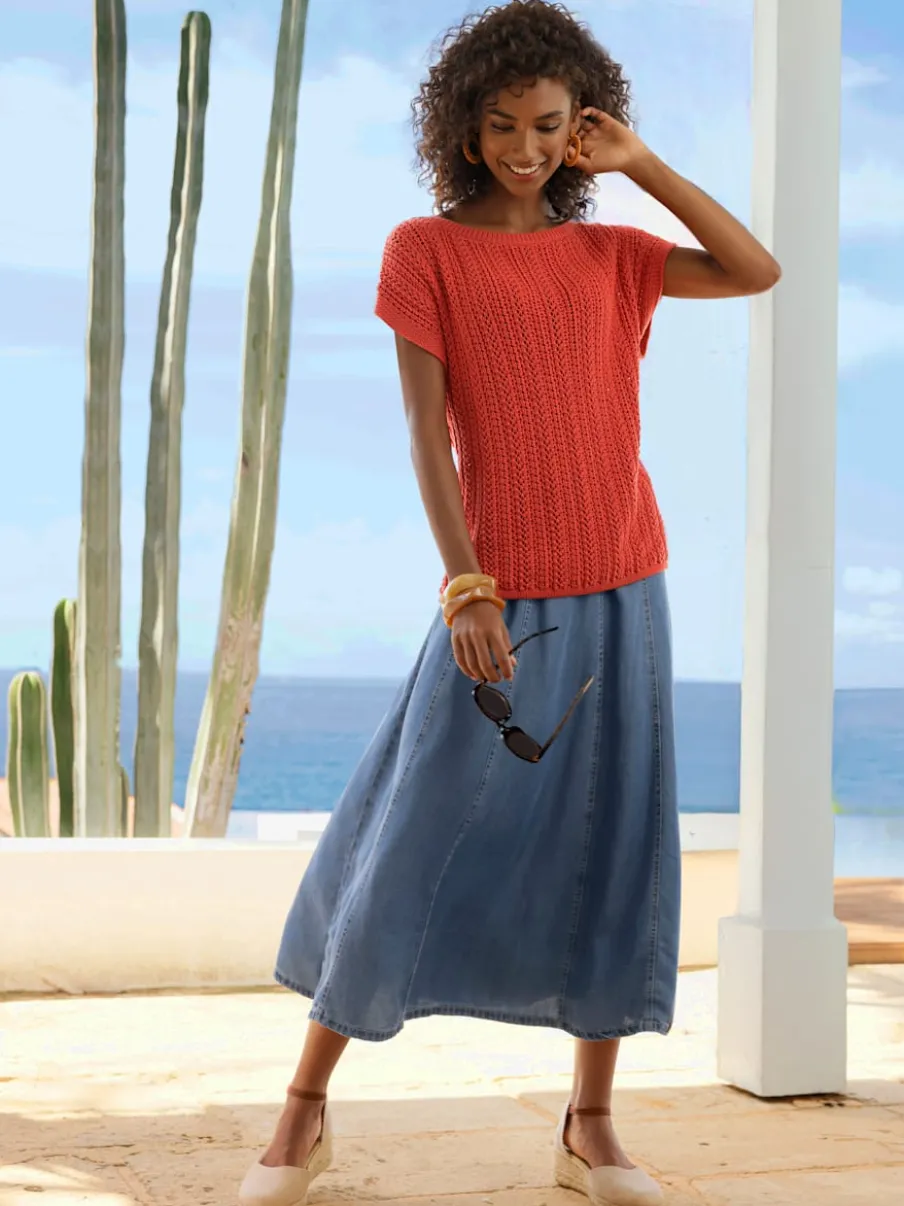 Jupe à panneaux évasée imitation jean avec ceinture glissière au dos