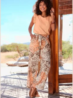 Large pantalon en tissu en viscose avec ceinture élastique et poches
