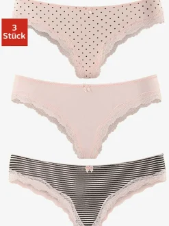 Lot de 3 slips brésiliens unis, à pois et à rayures avec dentelle et nœud