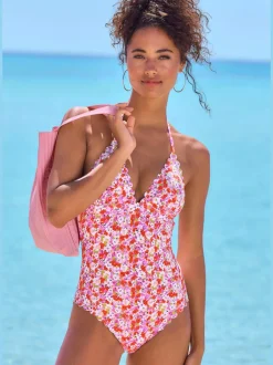 Maillot de bain à bords ondulés avec bonnets amovibles et nouage au cou