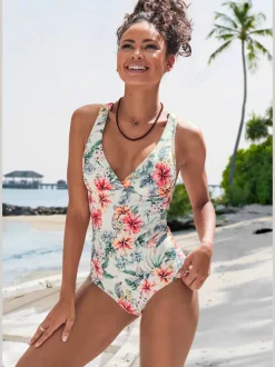 Maillot de bain à imprimé floral avec col V et dos croisées