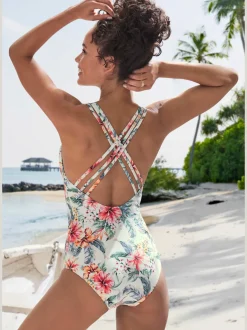 Maillot de bain à imprimé floral avec col V et dos croisées
