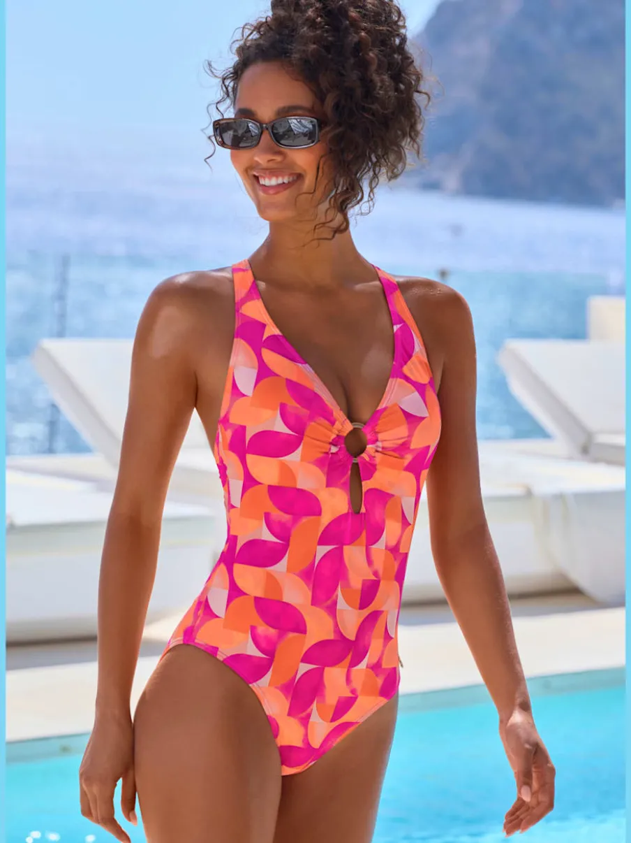 Maillot de bain imprimé intégral avec anneau décoratif en or et découpe flatteuse