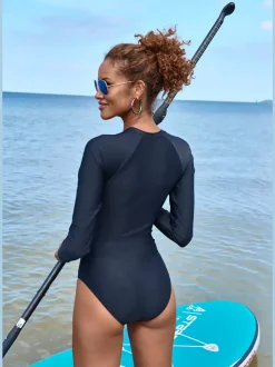 Maillot de bain à manches longues avec glissière et détails contrastés
