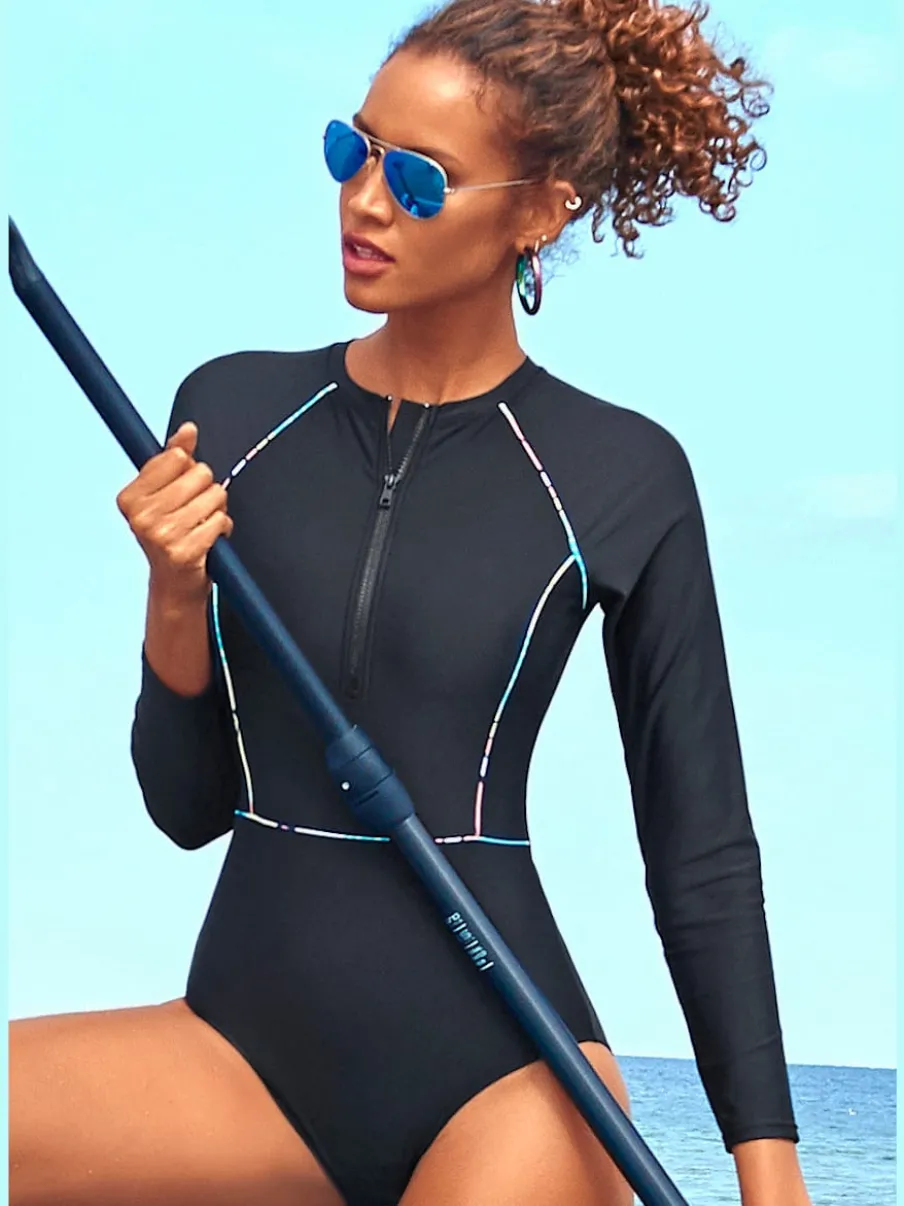 Maillot de bain à manches longues avec glissière et détails contrastés