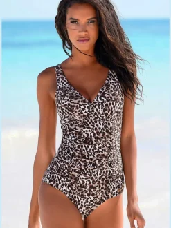 Maillot de bain structurant à imprimé animal avec col V et larges bretelles