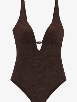 Maillot de bain une pièce à col V avec bonnets amovibles et motif feuilles