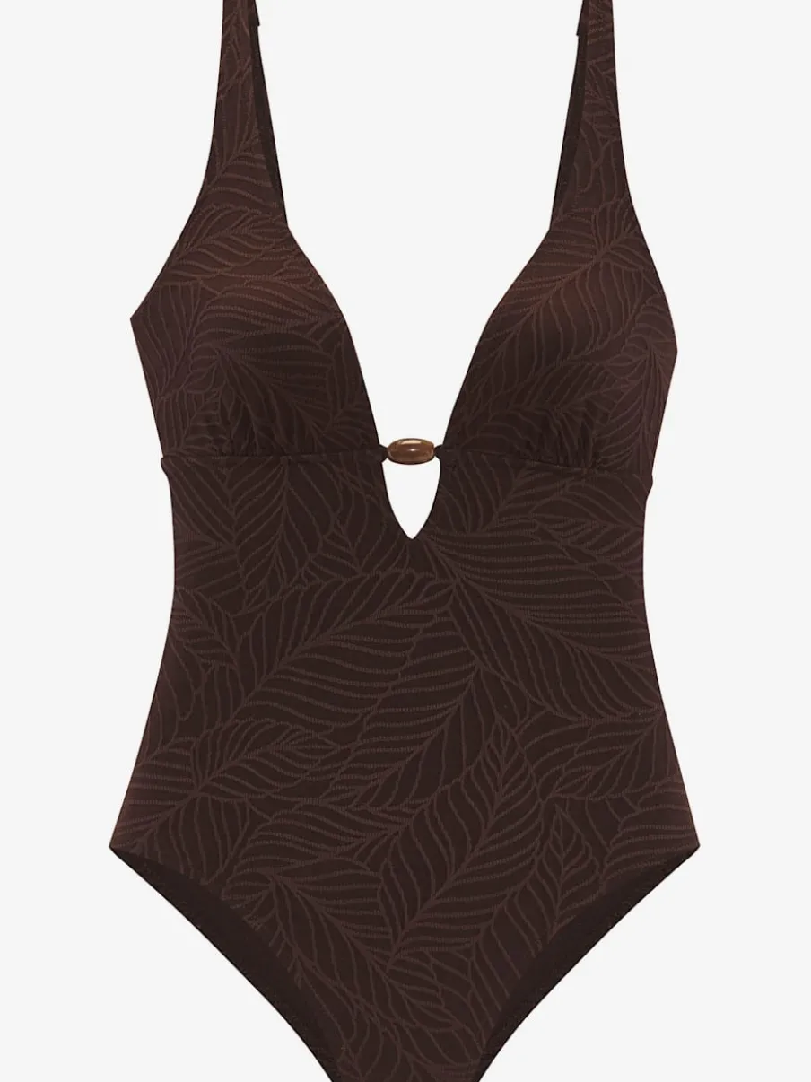 Maillot de bain une pièce à col V avec bonnets amovibles et motif feuilles
