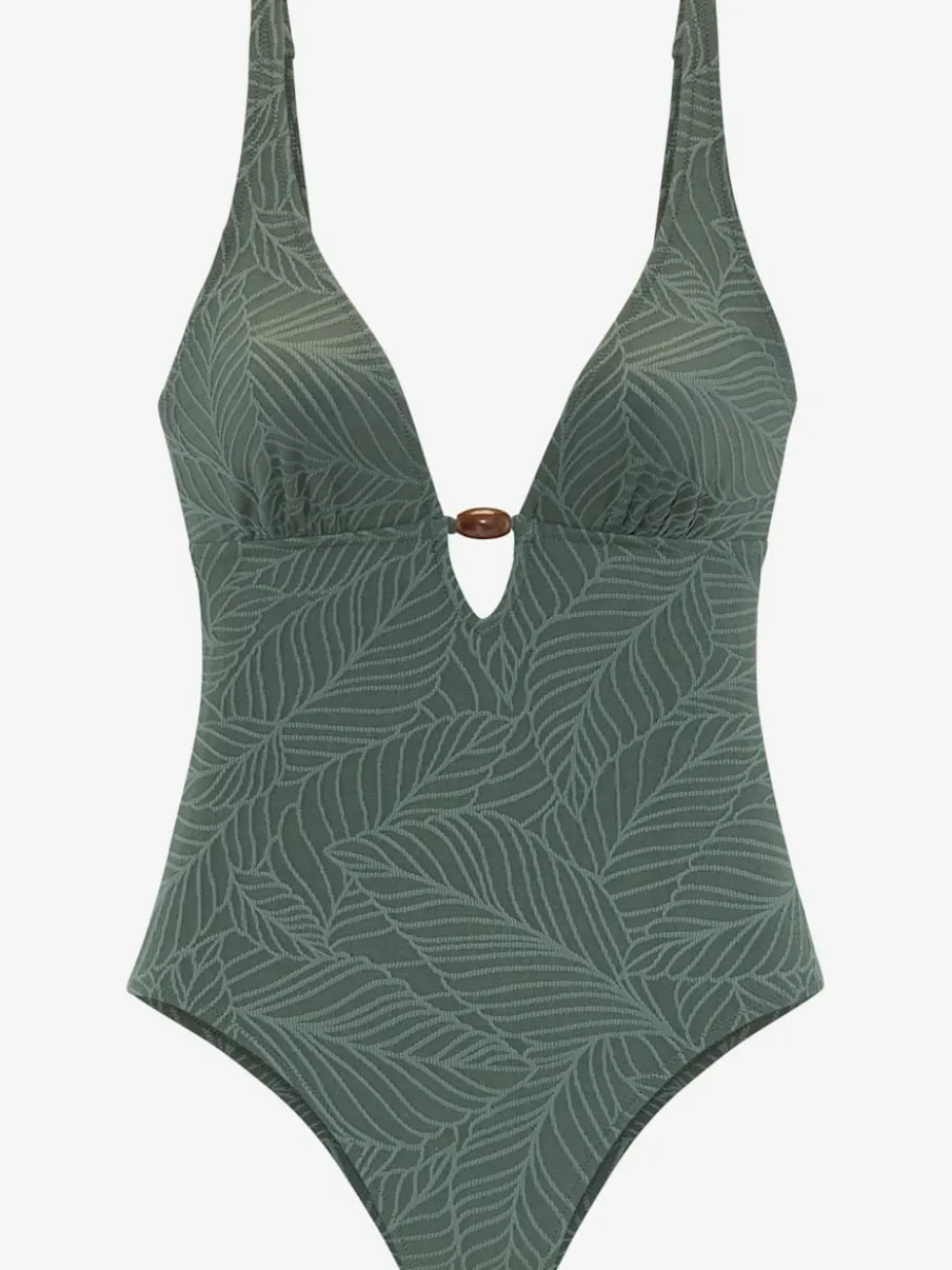 Maillot de bain une pièce à col V avec bonnets amovibles et motif feuilles