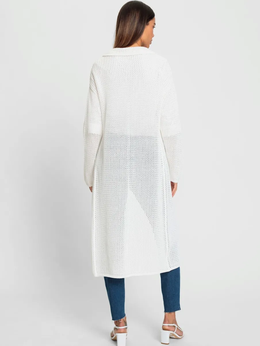 Manteau en tricot ajouré à poches et manches longues